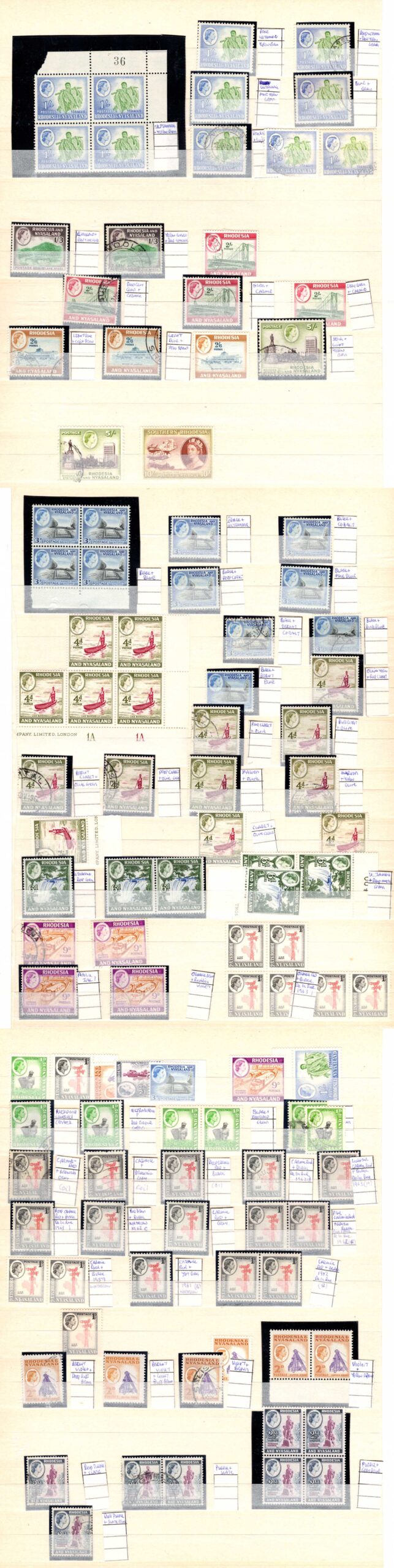Rhodesia and Nyasaland SG18/30 Selection including shades