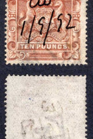 Rhodesia SG13 Ten pound Brown Fiscally used (cat 75 pounds as such)