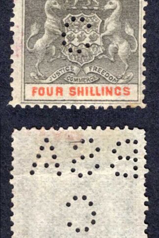 Rhodesia SG26 4/- Grey-black and Vermilion Perfin BSAC no gum