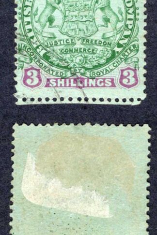 Rhodesia SG36 3/- Green and Mauve/blue used Cat 48 pounds