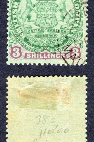 Rhodesia SG36 3/- Green and Mauve/blue used Cat 48 pounds