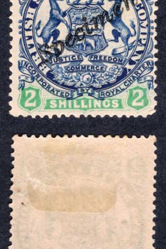 Rhodesia SG47 2/- Indigo and Green opt SPECIMEN M/M