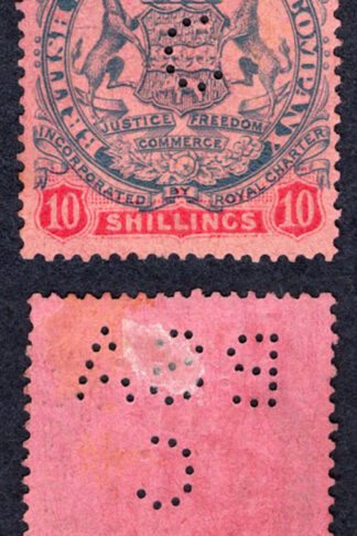 Rhodesia SG50 10/- Slate and Vermilion/rose Perfin BSAC no gum