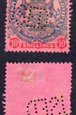 Rhodesia SG50 10/- Slate and Vermilion/rose Perfin USED no gum
