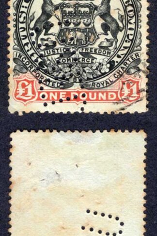 Rhodesia SG73 One Pound Black and Red-brown/green Perfin USED