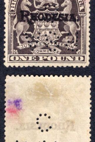 Rhodesia SG113 One Pound Grey-purple Perfin BSAC
