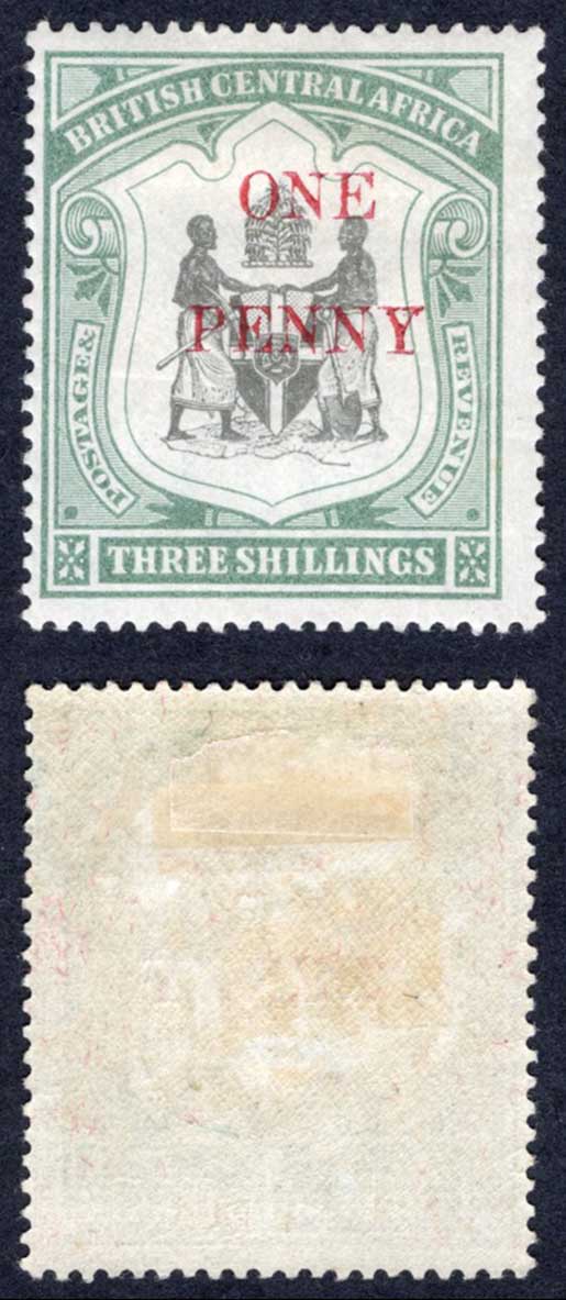 Nyasaland SG53 1d on 3/- Black and Sea-green M/M Cat 17 pounds