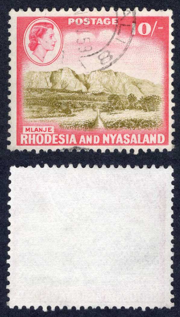 Rhodesia and Nyasaland SG30 10/- Olive-brown and Rose-red Cat 27 pounds