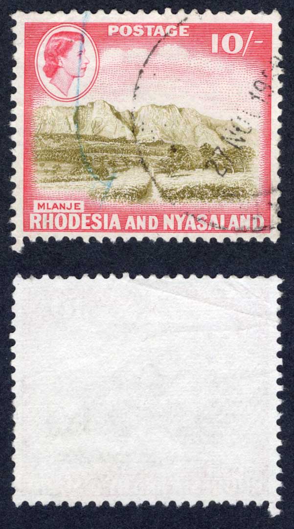 Rhodesia and Nyasaland SG30 10/- Olive-brown and Rose-red Cat 27 pounds