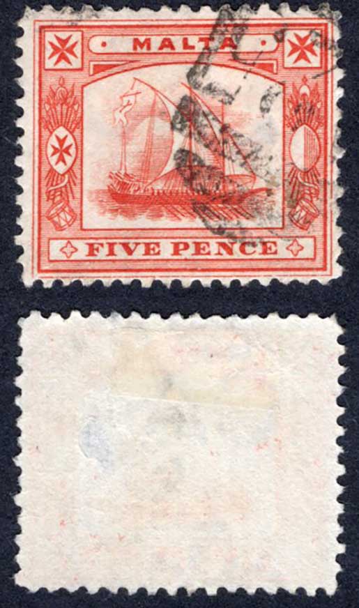 Malta SG33 5d vermilion wmk CA used Cat 19 pounds