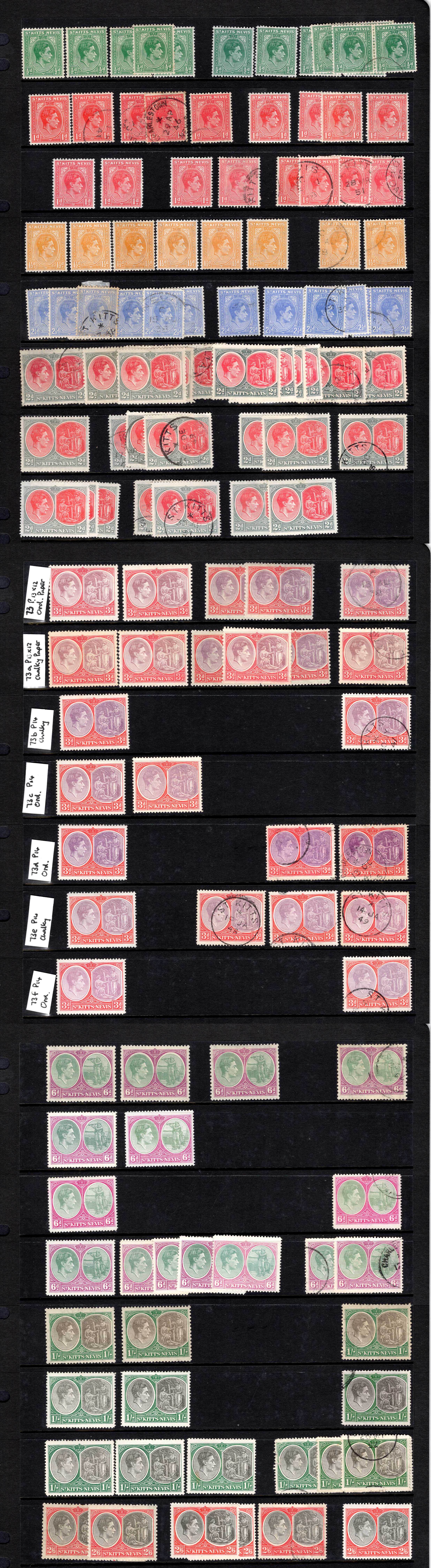 St Kitts Nevis 1937 Selection inc shades perfs etc with values to 2/6 M/M and used