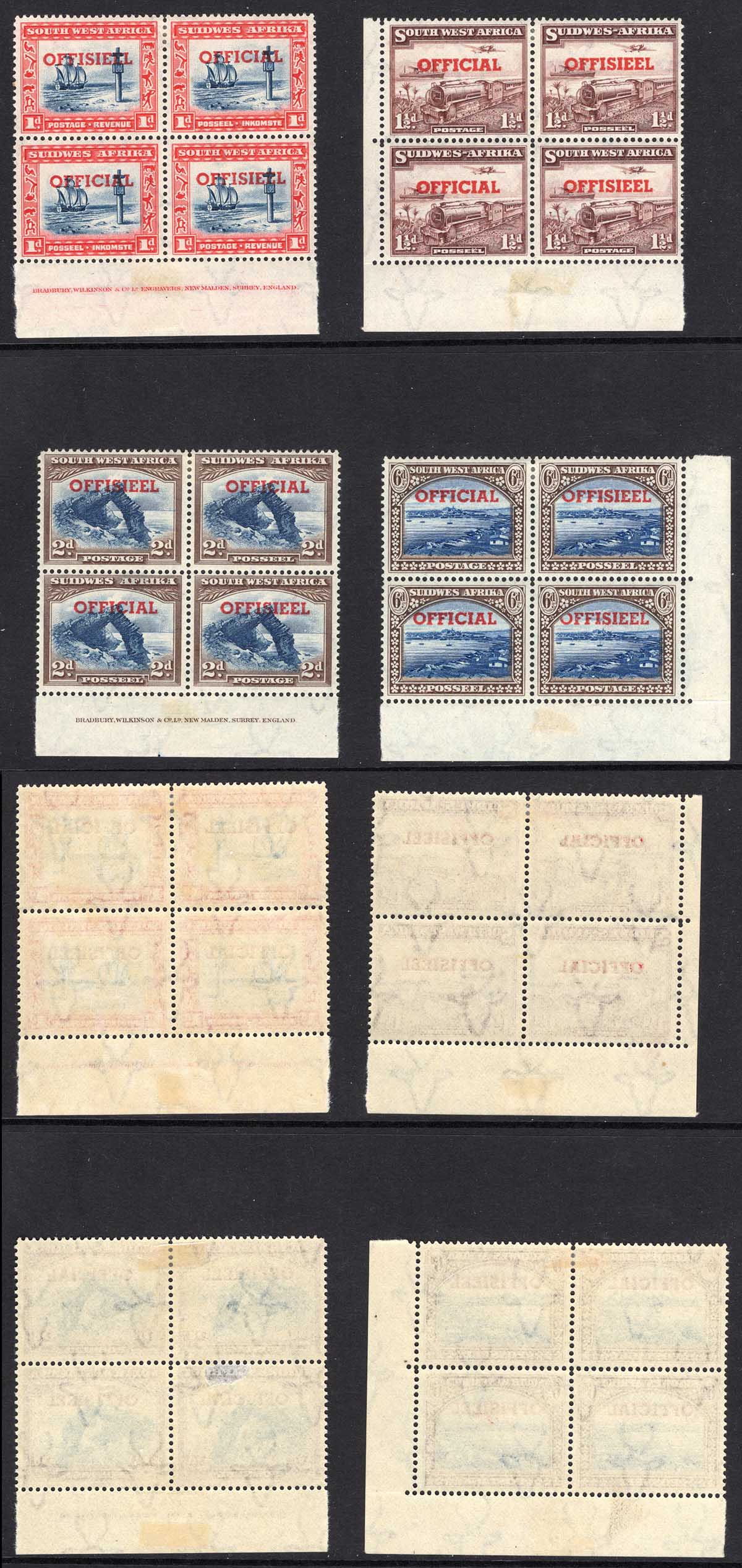South West Africa SGO24a/27a Set in block inc Transposed Overprints. M/M Cat 339 pounds