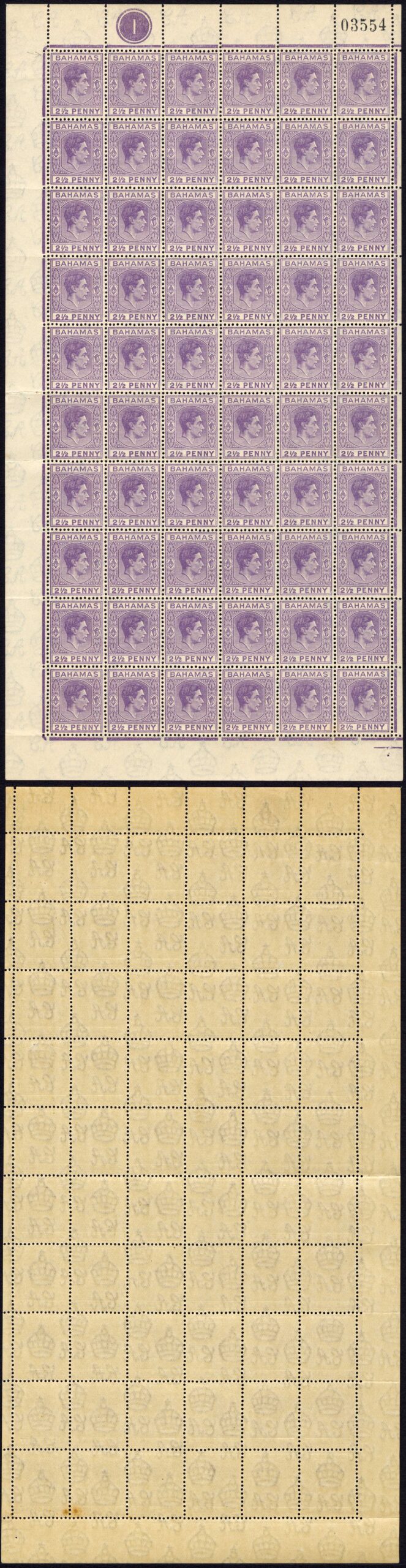 Bahamas SG153a 2 1/2d Violet Pane of 60 U/M Cat 90 pounds