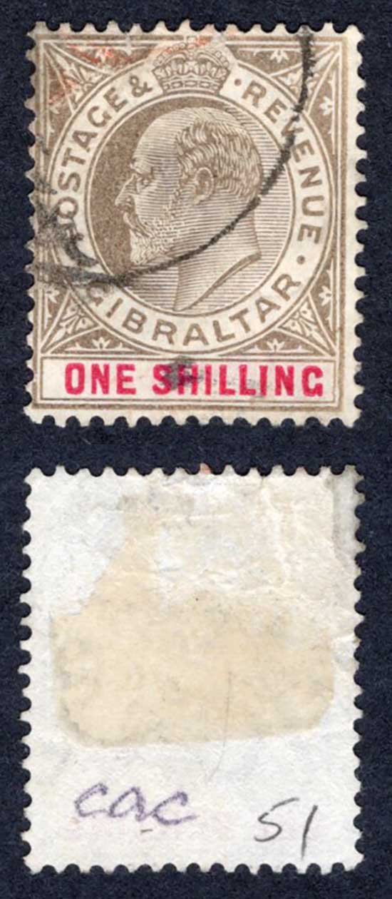 Gibraltar SG51 1/- Black and Carmine Wmk CA used Cat 40 pounds