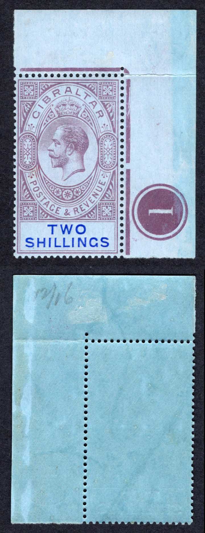 Gibraltar SG82 2/- Dull purple and blue/blue Wmk Mult CA U/M Cat 30 pounds