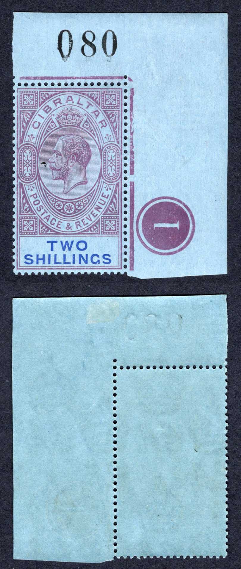 Gibraltar SG99a 2/- Reddish Purple and blue/blue Wmk Script U/M