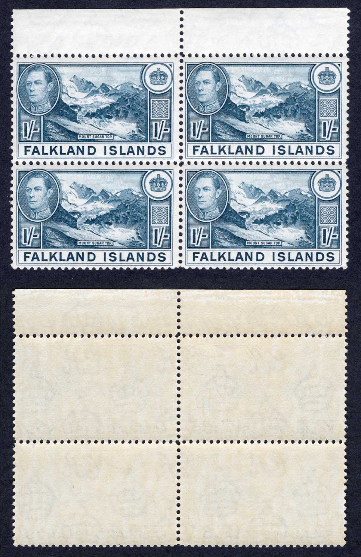 Falkland Is SG158a 1/- Dull Greenish Blue U/M Block Cat 240 pounds