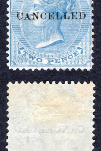 Mauritius SG59 2d Pale Blue Wmk CC opt CANCELLED Part gum