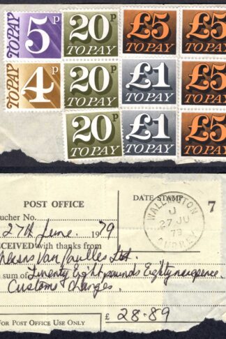 SGD89 Five Pound x 4 To Pay on an uncancelled piece