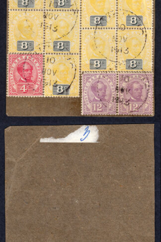 Sarawak 8c x 9 plus 4c and 12c pair on piece