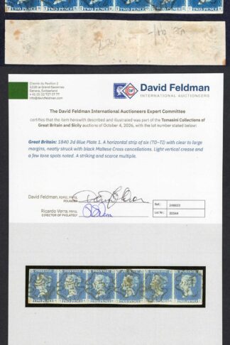 1840 2d Blue (TD/TI) Plate 1 Strip of SIX FOUR MARGINS Ex Seymour