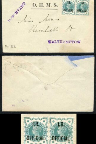 SGO17 1/2d Blue Green Un-used PAIR Opt I R OFFICIAL on OHMS Envelope