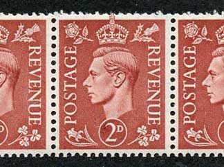 KGVI 2d Pale Red Brown SG506 Spec Q12/2f U/M Strip 5 Variety Retouched