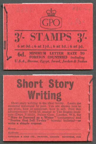 M9a 3/- Booklet Mixed Wmk EEEC 1 1/2d Cyl G10 dot