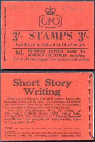 M10b 3/- Booklet Mixed Wmk CEEE 3d Pane Cyl K7
