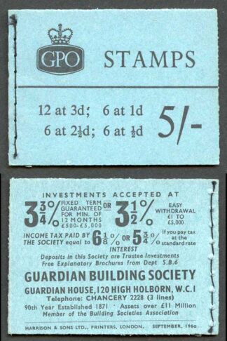 H46p 5/- Booklet Sept 1960 The 2 1/2d BROAD band at right and tiny band at left
