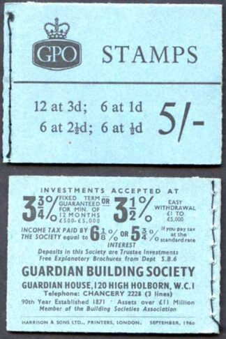H44p 5/- Booklet Sept 1960 2 1/2d 2 Band Wmk Upright