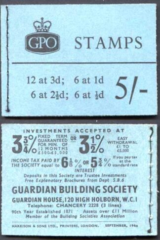 H46g 5/- Graphite Booklet 2 1/2d Upright 3 good perfs