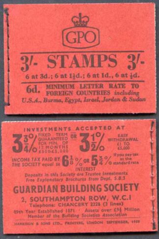 M14g Sept 1959 3/- Graphite Booklet 1 1/2d INVERTED 3 good perfs