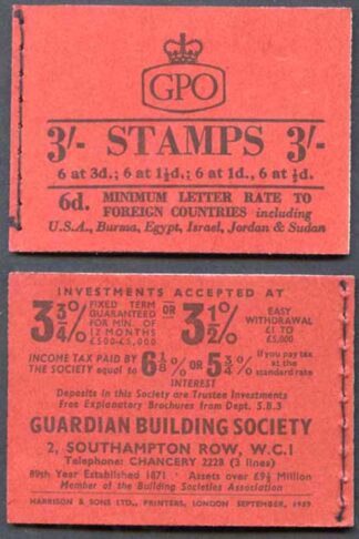 M14g Sept 1959 3/- Graphite Booklet 1 1/2d INVERTED 3 good perfs