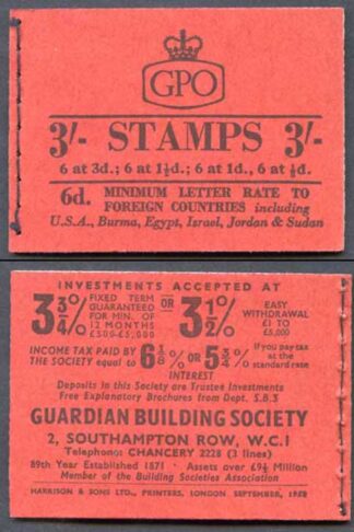 M14g Sept 1959 3/- Graphite Booklet 1 1/2d INVERTED 3 good perfs