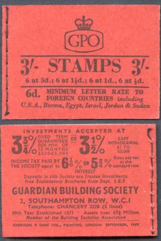 M14g Sept 1959 3/- Graphite Booklet 1 1/2d INVERTED 3 good perfs
