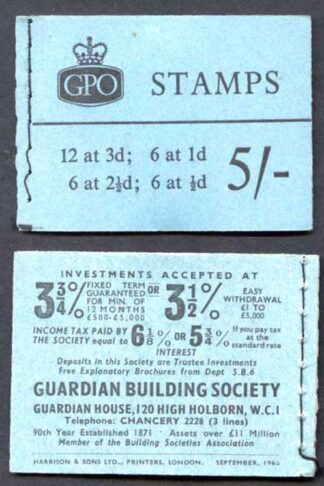 H46g 5/- Graphite Booklet 2 1/2d Pane INVERTED 3 Good Perfs