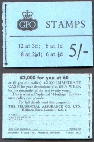 H43g March 1960 5/- Graphite Booklet 2 1/2d Pane wmk upright