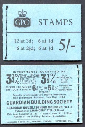 H46g 5/- Graphite Booklet 2 1/2d Pane INVERTED 3 Good Perfs
