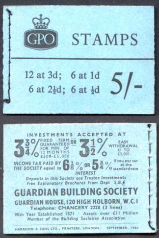 H46g 5/- Graphite Booklet 2 1/2d Pane INVERTED 3 Good Perfs