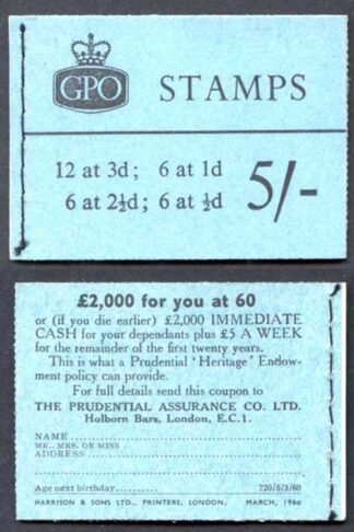 H43 March 1960 5/- Booklet 1/2d Cyl 11 T no dot
