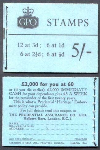 H43 March 1960 5/- Booklet 1/2d Cyl 11 T dot