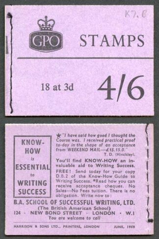 L16g June 1959 4/6 Graphite Booklet One pane cyl K7 dot (average perfs)