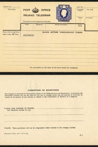 TP31a KGVI 1s 6d Post Office Telegram Form Tudor Crown