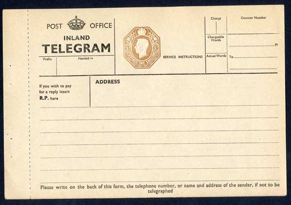 TP28 KGVI 1/- Post Office Telegram Form