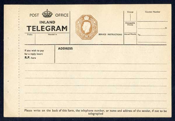 TP28 KGVI 1/- Post Office Telegram Form