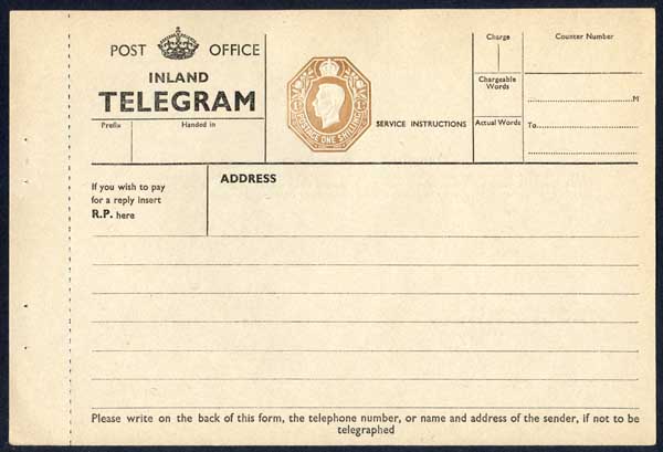 TP28 KGVI 1/- Post Office Telegram Form