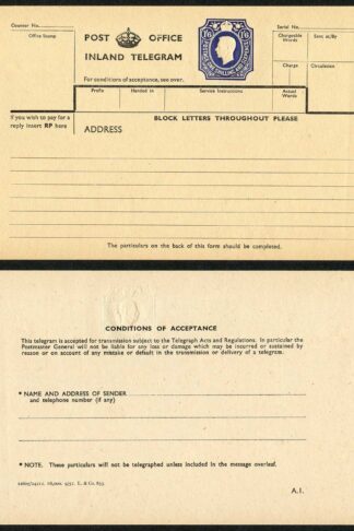 TP31a KGVI 1s6d Post Office Inland Telegram Form with Tudor Crown