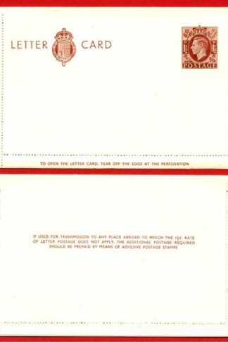 LCP13a KGVI 1 1/2d Stamped Letter Card Gummed on Front Half MINT