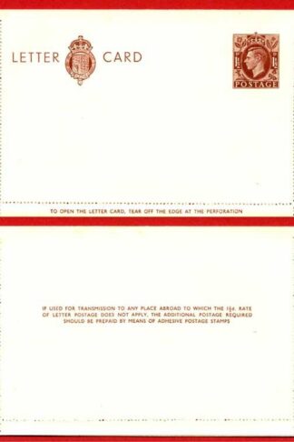 LCP13a KGVI 1 1/2d Stamped Letter Card Gummed on Front Half MINT